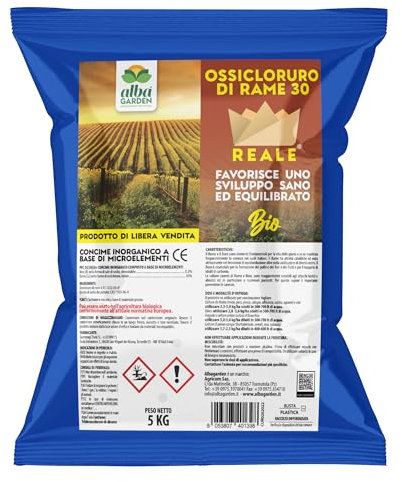 Albagarden - Ossicloruro Di Rame 30% + Boro - Verderame per Piante, Concime effetto Fungicida per Piante -Per Malattie Peronospora, Bolla del Pesco, Oidio - Polvere Bagnabile Biologica - MAXI 5 kg