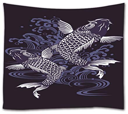 A.Monamour Wandteppich Japanische Karpfenfisch Und Wellenmuster Aquarell Blau Tattoo Asiatische Tuch Mandala Boho Hippie Psychedelic Tapisserie Wandbehang Wanddekoration Modern Abstrakte Kunst