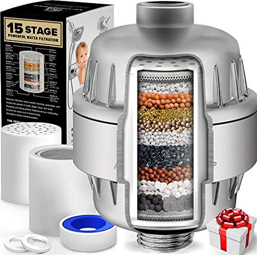 AquaHomeGroup 15 Stufen Duschkopf Wasserfilter Duschfilter Kalk mit Vitamin C - Wasserfilter Dusche zur Entfernung von Chlor und Fluorid - Inklusive 2 Aufsätze - Konstanter Wasserdurchfluss Kalkfilter