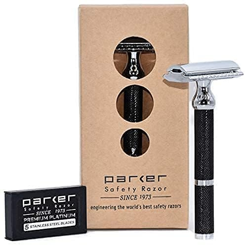 Parker Rasierhobel, 71R, mittelschwerer, langer Griff, zweischneidiger Rasierhobel mit 5 Parker Platinum Edelstahl-Rasierklingen – schwarzer galvanisierter Messinggriff