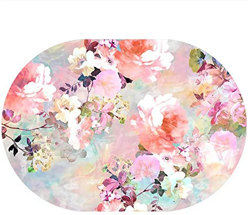 Rururug Teppich Oval Moderner Läufer Orientteppich Kurzflor Flur Schlafzimmer Küche Wohnzimmer rutschfest Waschbar, Aquarell florales rosa Muster Oval 80 x 150 cm