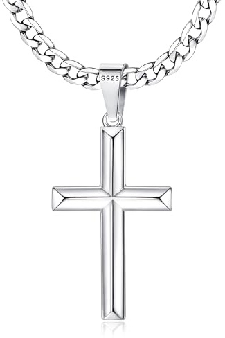 Roheafer Collier Croix Chretienne Argent 925 Chaîne Cubaine en Argent Pendentif Croix Collier pour Homme Femme Cadeaux Religieux Bijoux 46/51/56/61/66/76 Centimètre