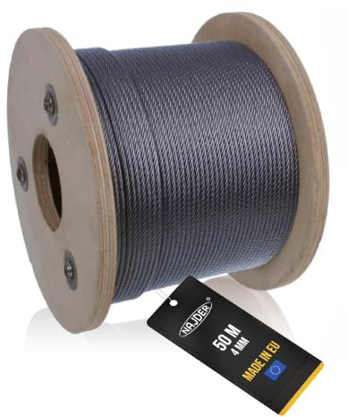 NAJDER Câble en Acier Inoxydable 4 mm, Câble Métallique, Longueur: 50m, Bobine de Fil D'Acier Inox Corde 7x19, Résistance à la Traction: 1570 MPa Construction, Bricolage, Décoration