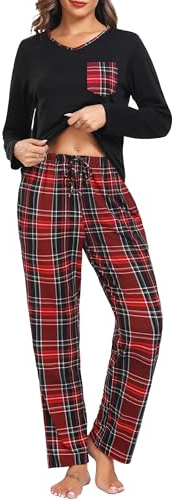 Lovasy Pyjama Femme Hiver Ensembles de Pyjama Femme en Coton Grande Taille Manche Longue 2 Pièces