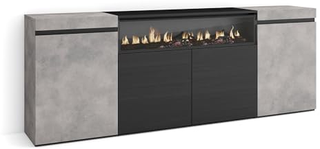 Skraut Home | Aparadores para salón | Gran Capacidad de almacenaje | 200x75x35cm | 4 Puertas | Chimenea eléctrica | Estilo Moderno | Cemento