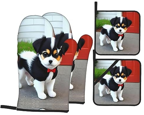 Set di 4 presine e guanti da forno a forma di cucciolo, colore bianco e nero, resistenti al calore, per cucinare, grigliare, barbecue