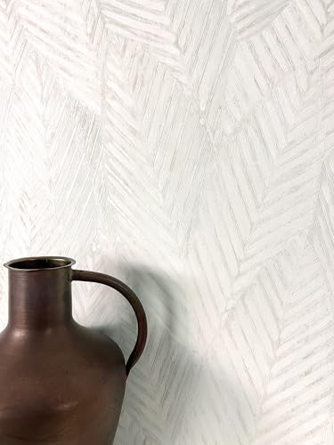 Newroom Vliestapete Creme Dschungel Blättermuster Tapete Wohnzimmer | dezentes Ton-in-Ton Palmenmuster, matte Pinselstrich-Struktur, Cremeweiß mit Grau, Mustertapete skandinavisch, Wandtapete
