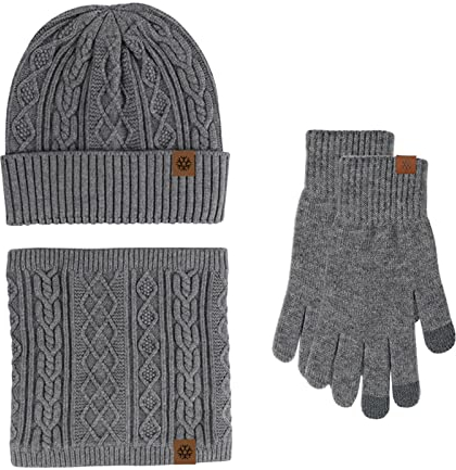 Mütze Wintermütze Schal Handschuhe Set Fleece warm gestrickt Halswärmer Wolle Thermomütze Outdoor Sport Ski Fahrrad Fäustlinge Männer Frauen Thermo Wintermütze Wintergeschenkzubehör (Grey, One Size)