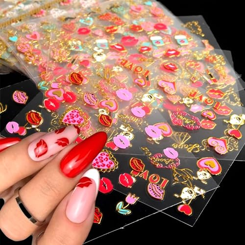 30 Sheets Valentine's Day Nail Art Stickers Red Heart Nail Decals 3D Self-Adhesive Rose Lip Kiss Nail Supplies DIY Acrylic Nails Decoration Accessories for Women and Girls