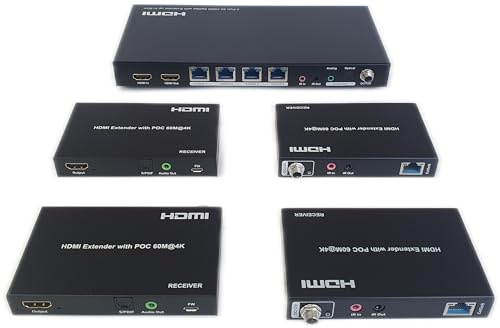 FOURKAY 1x4 4K@60Hz HDMI Splitter over CAT5e/6/7 Ethernet with auto downscaling on RX. 60m Range at 4K60. 90m Range at 1080p. HDCP 2.2. Bi-Directional IR. Audio Extraction.