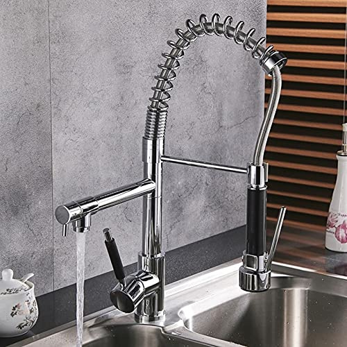 TZLGMDER Faucet Kitchen Sink Mixer Taps Black/Chrome Brass Spring Type Kitchen Faucets,Fixed Support 360 Rotate Kitchen Faucet, Button Dual Spout Crane Sink Mixer Taps Easy to Install