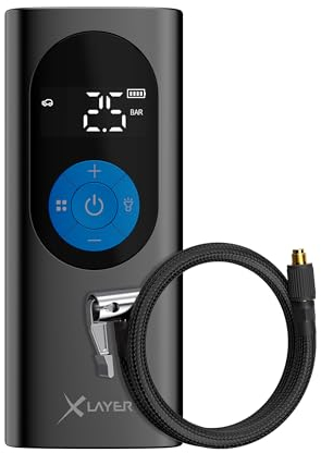 XLayer Elektrische Luftpumpe mit 6.000 mAh | Mobiler Akkukompressor für Auto, Fahrrad, Motorrad, Luftbett und Bälle | LED Taschenlampe | Tragbar | LCD Display |2.0 10.0 bar Black/Blue