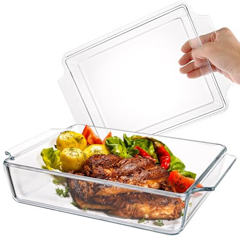 ZOFUN Fuente rectangular de 2 litros con tapa, de cristal, 29 x 20 x 9 cm, para asar, horno, cocina eléctrica, bandeja resistente al calor para lasaña, carne