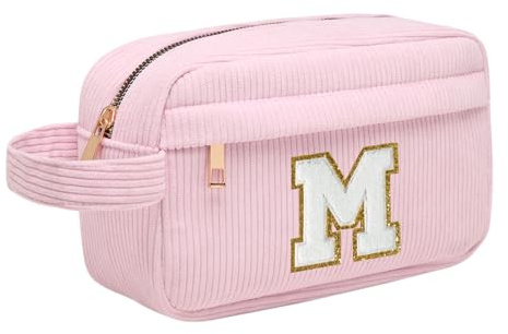 Personalisierte Initialen Make-up-Tasche, Cord-Kosmetiktasche Reise Kulturbeutel mit MetallReißverschluss Tragbare Schminktasche Damen, Weihnachts Geburtstagsgeschenk für Frau Mädchen Rosa M