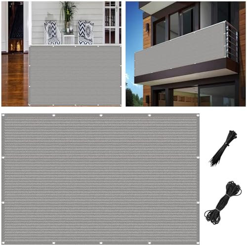 Sichtschutz Windschutz 120 x 370 cm Ohne Bohren Wind-Und Uv-Schutz Sichtschutzfächerterrasse mit Kabelbinder für Balkongeländer, Hellgrau