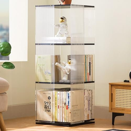 Transparent Acryl Drehbares Bücherregal 3/4/5 Etagen Drehregal 360° Grad Rotierendes Bücherregal Buch/CD/DVD Aufbewahrungsregal Bambus Lagerregal Für Kinder & Erwachsene Quadrat(34x34x93cm/13.4x13.4x3