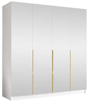 Mirjan24 Kleiderschrank mit Spiegeltüren, Einlegeböden und Kleiderstange Salkor III, Vielseitiger Drehtürenschrank, Elegantes Kleiderschrank 4-türig (Weiß/Weiß + Gold)