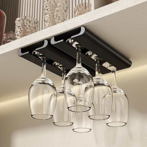 Vaisoeny 2Pack Wine Glass Holder - Under Cabinet, No Drilling Installation, Stemware Rack, Glass Hanging Rack for Kitchen and Bar (Black)