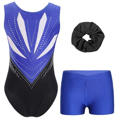 ranrann Justaucorps Gymnastique Fille sans Manches avec Chouchou et Short 3 Pièces Ensemble Danse Patinage Enfant 5-16 Ans A Bleu 9-10 ans
