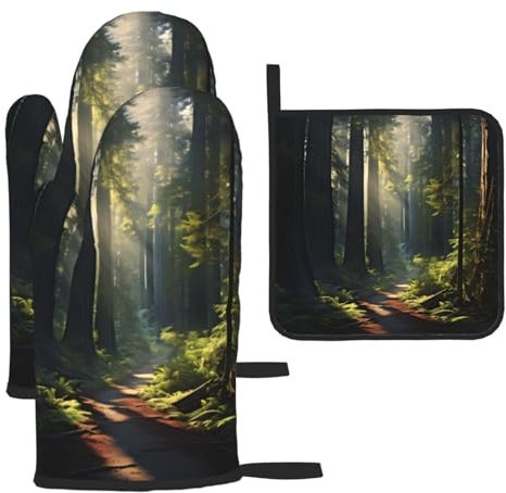 YYHHAOFA Lot de 3 maniques de cuisine imperméables et durables pour éviter les brûlures et l'isolation thermique Motif forêt de séquoia californien
