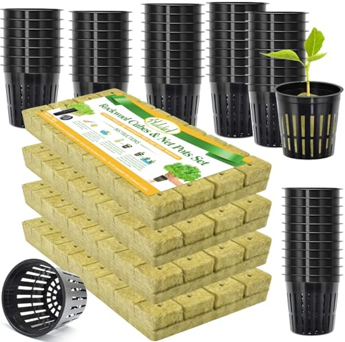 Halatool 144PCS 1.2-Inch Rockwool Cubes with 120PCS 2-Inch Net Cups for Hydroponics Great Hydroponic Kit for Cuttings Clone Plant Propagation Seed Starting & Soilless Cultivation