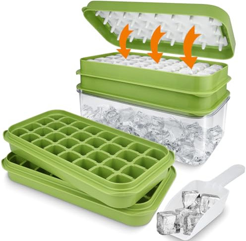 Ice Trays for Freezer with Lid & Bin, Food-Grade Ice Cube Moulds, Ice Cube Tray Making 64 pcs Ice Cubes, Release All in One Second, Ice Cube Maker for Whiskey Cocktail (2 Trays 1 Ice Bucket Scoop)