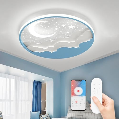 AHXIAOZN LED Kinder Deckenlampe, Stern Mond Deckenleuchte Mit Fernbedienung, Stufenloses Dimmbar Kinderzimmer Deckenleuchten, Schlafzimmer Decke Kindergarten Beleuchtung(D40cm, Blau)