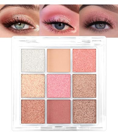 Erinde Palette di ombretti glitterati – 9 colori, impermeabile, a lunga durata, con brillantini, rosa e metallizzato, palette di trucco per occhi, crema a lunga durata #01