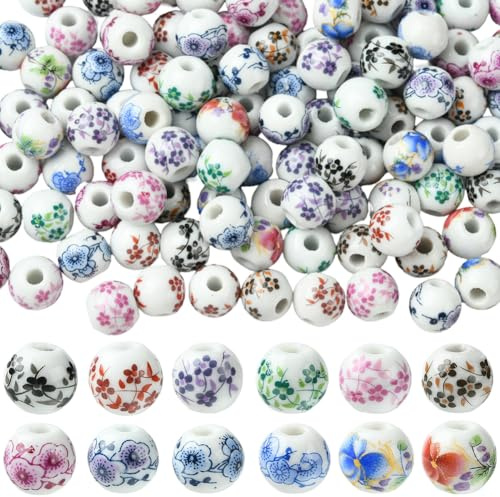 SUNNYCLUE 1 caja de 120 cuentas de Porcelana de 12 colores, Cuentas Redondas de Cerámica de 10.5mm con Estampado de Flores Coloridas, Espaciadores de Cerámica China para Hacer Joyas, Collares, Pulsera