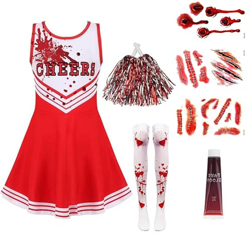 JRYBXS Cheerleader Kostüm, Halloween Kostüm Damen, 8 Stück Karneval Kostüm Damen Mit Strümpfen Kunstblut, Halloween Gruseliger Cheerleader Für Personen ab 15 Jahren Geeignet