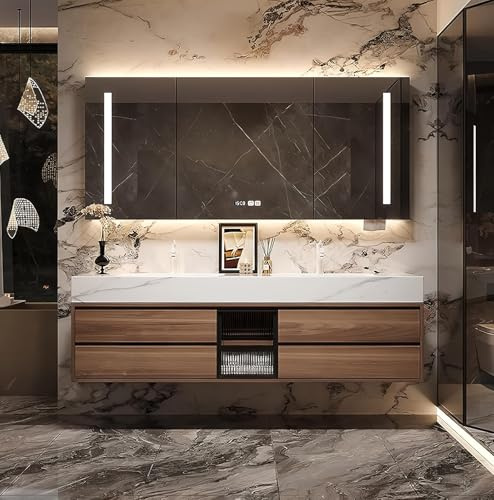 LUTHXAY 72IN Bathroom Vanity with Double Sink, Modern Bathroom Vanity with LED Smart Defog Mirror Cabinet & Integrated Ceramic Sink, Floating Vanities with Drawers and Glass Cabinet Door (Walnut)
