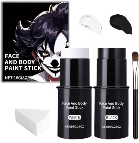 Bodypainting Lot de 2 crayons de maquillage noir et blanc avec pinceau et éponge, à base d'huile Creamy Blendable Face Paint Make Up pour le visage, le corps, Halloween, le théâtre, le cosplay