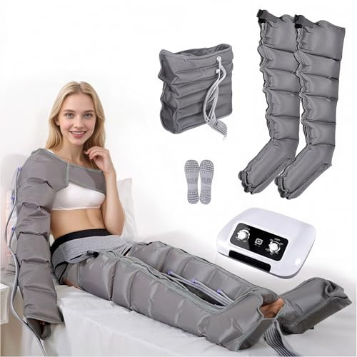 Presoterapia Piernas y Abdomen para Casa Profesional 6 Camaras | Maquina Botas de Presoterapia Cuerpo Completo, Drenaje Linfatico Circulación, 0-30 Min, 0-240 Mmhg Ajustables Gris