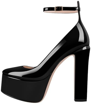 blingqueen Damen Plateau High Heels Mary Jane Halbschuhe Riemchen Schnalle Pumps mit Blockabsatz