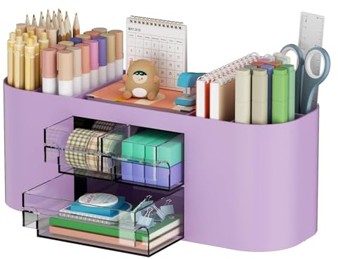 Marbrasse Organizer Scrivania con 3 Cassetti,Portapenne da Scrivania Multifunzionale,Portaoggetti Scrivania e Accessori con 7 Scomparti per Casa,Scuola,Classe (Viola)