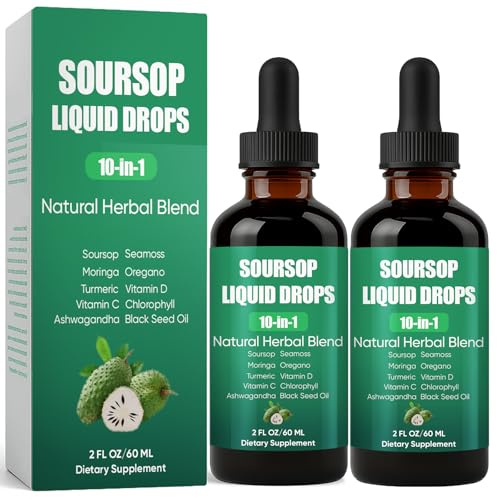 Soursop 10-in-1 Liquid Drops, Soursop Bitters Extract Liquid Drops with Sea Moss, Turmeric, Moringa, Oregano, Black Seed Oil, Ashwagandha, Chlorophyll, Sugar/Gluten Free, Natural Flavor (2)