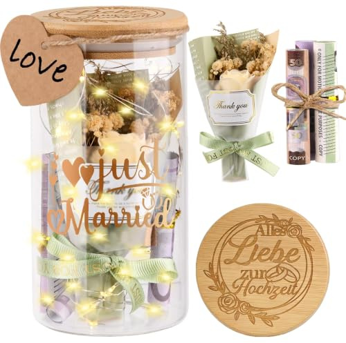 Hochzeitsgeschenke für Brautpaar, LED Glasflasche Hochzeit mit Bambusdeckel | Geldgeschenk Hochzeit Verpackung mit Trockenblumen, Hochzeitsgeschenk Geld,Geschenk für Hochzeit Verlobung Jahrestag