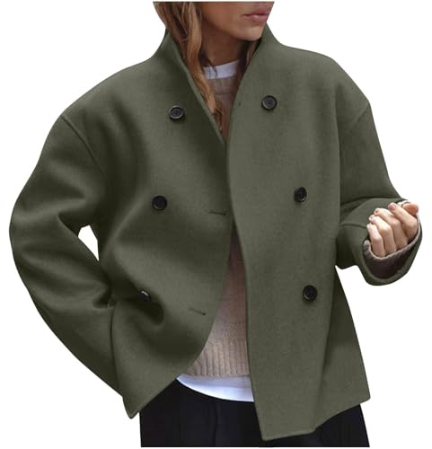 Gubsssl Wollmantel Damen Wolljacke Kurz Winterjacke Warme Trenchcoat Vintage Wintermantel Casual Fleecejacke Revers Kuscheljacke mit Knopf Damenjacke Oversize Mantel Winter Jacke Armee Grün XXL