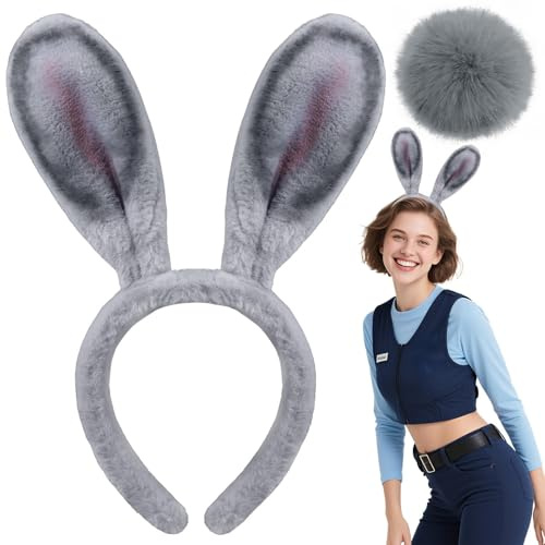 Aribliseza Orejas de Conejo con Cola Set, Disfraz de Conejo, Disfraz de Carnaval para Mujer, Disfraces de Animales para Adultos, Diadema con Orejas de Conejo Gris Ajustables, Accesorios de Disfraz
