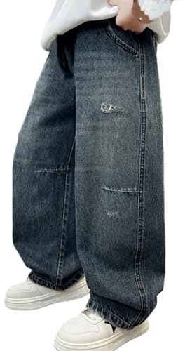 Jean baggy pour garçon - Pantalon cargo en denim - Coupe droite - Coupe ample - Loisirs - Streetwear - Taille élastique - Pantalon d'extérieur, bleu, 11-12 ans