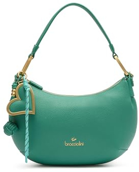 Braccialini Beth Borsa a spalla in similpelle martellata, dal design a mezzaluna e silhouette morbida. Il maxi charm multifilo con cuore in metallo oro satinato, coordinato alla borsa e removibile,