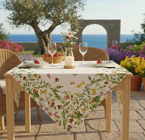 KAMACA Mitteldecke Wiesenblumen und Schmetterlinge – 85x85 cm Tischdecke für Frühling und Sommer – Florales Druck-Motiv für Garten, Outdoor und Haus – Waschbare Tischwäsche