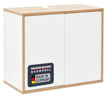 FACKELMANN Finn Waschbeckenunterschrank im Retrostil – 60 cm, Weiß matt mit Eichen-Optik, Push-to-Open, Made in Germany