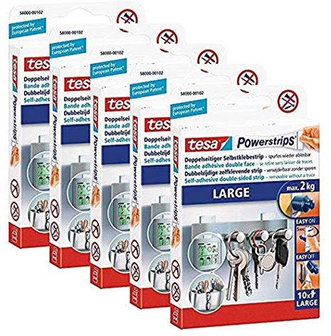 tesa Powerstrips Large/Doppelseitige Klebestreifen zur Montage von Gegenständen bis 2kg - Wieder ablösbar 10 Strips (5 Packungen, Large)