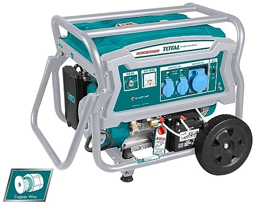 TOTAL - Generatore Di Corrente 6500W Silenziato, Motore 4 Tempi Benzina, Alternatore In Rame, Avviamento Elettrico, Serbatoio 25L, Generatore Di Corrente Portatile Con Impugnatura E Ruote