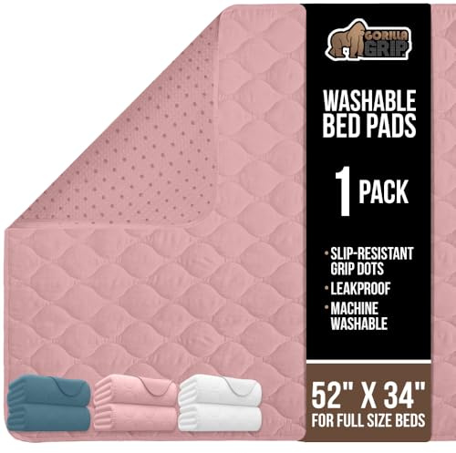 GORILLA GRIP Washable Underpads, Waterproof Reusable Heavy Absorbency Incontinence Bed Pads, Leak Proof Toddler Mattress Pad, 52x34 Slip Resistant Protector for Bedwetting, Adults and Kids, Pink