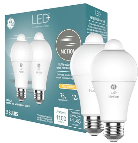 GE LED+ Motion Sensor LED Light Bulbs, 12W, Outdoor Security Lights, A21, Warm White (2 Pack)
