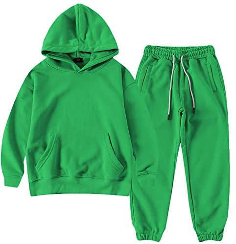 amropi Chándal Niños 2 Piezas Cálido Sudadera con Capucha y Pantalones Jogging Conjunto Ropa Verde, 10-11 años