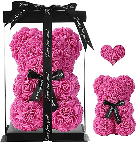 Ruiuzioong Rose Bear flower Rose Teddy Bear Hand Made Foam Rose Flower Bear with Gift Box - Best Gift for Valentines Day, Mothers Day, Wedding, Anniversary, Birthday (Rose red)