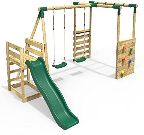 Rebo® Wooden Swing Set with Monkey Bars, Deck and 6ft Slide - Venus Green | OutdoorToys | Kids' Outdoor Wooden Play Equipment for Gardens, Frame and Accessories Included, Weather Resistant
